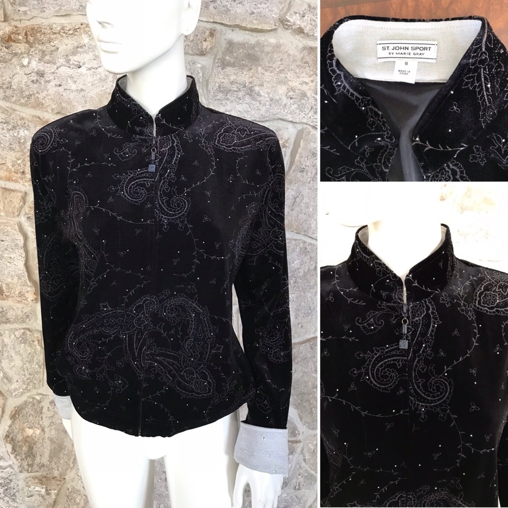 St. John Sport Velvet Velveteen Zip Front Jacket with Studs Embellishment M/L